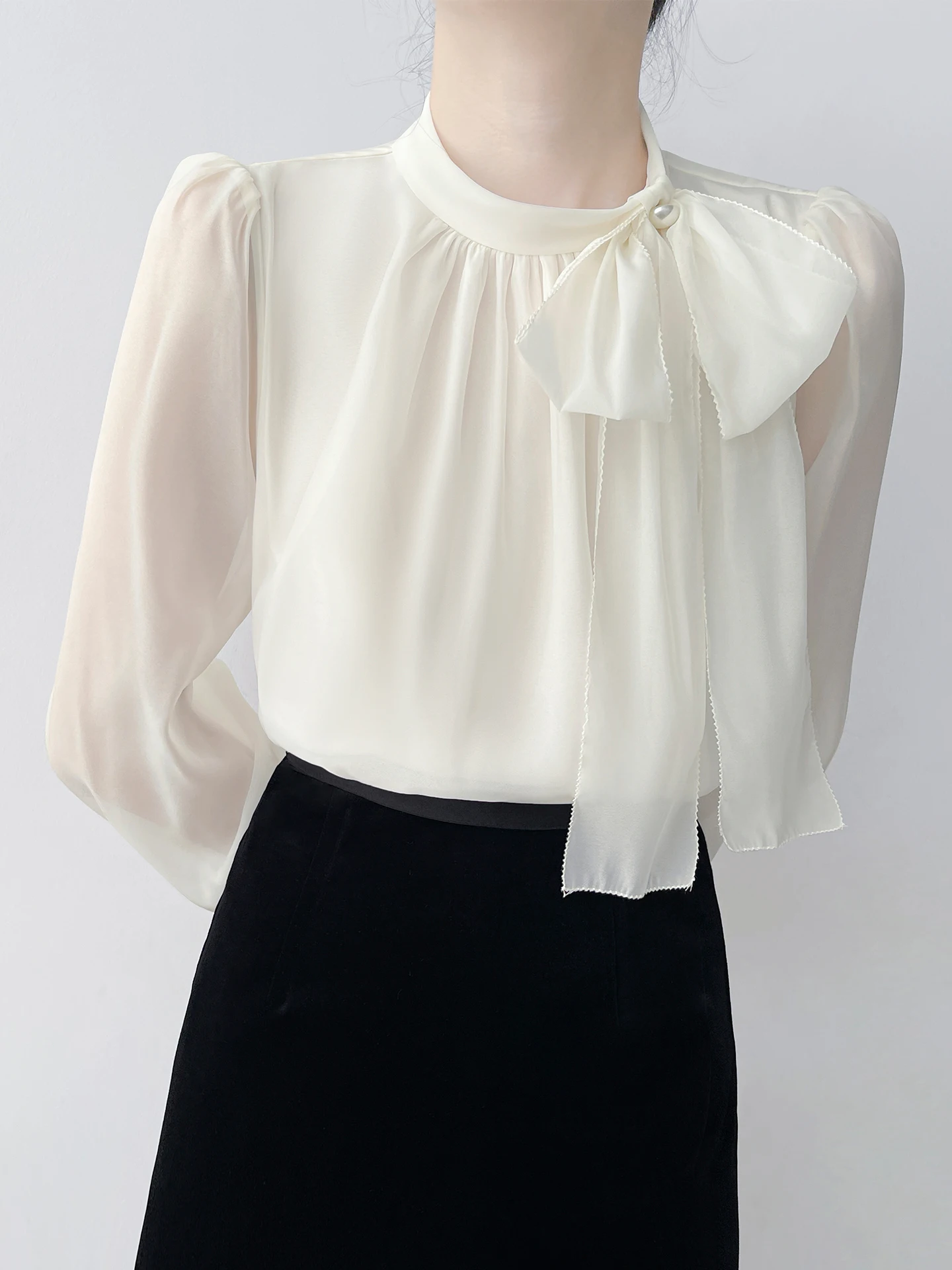 Korean Style Long Sleeve  Knot Sash Stand Collar Shirt Women's Autumn Fashion Commute Pleated Top Polyester Fiber