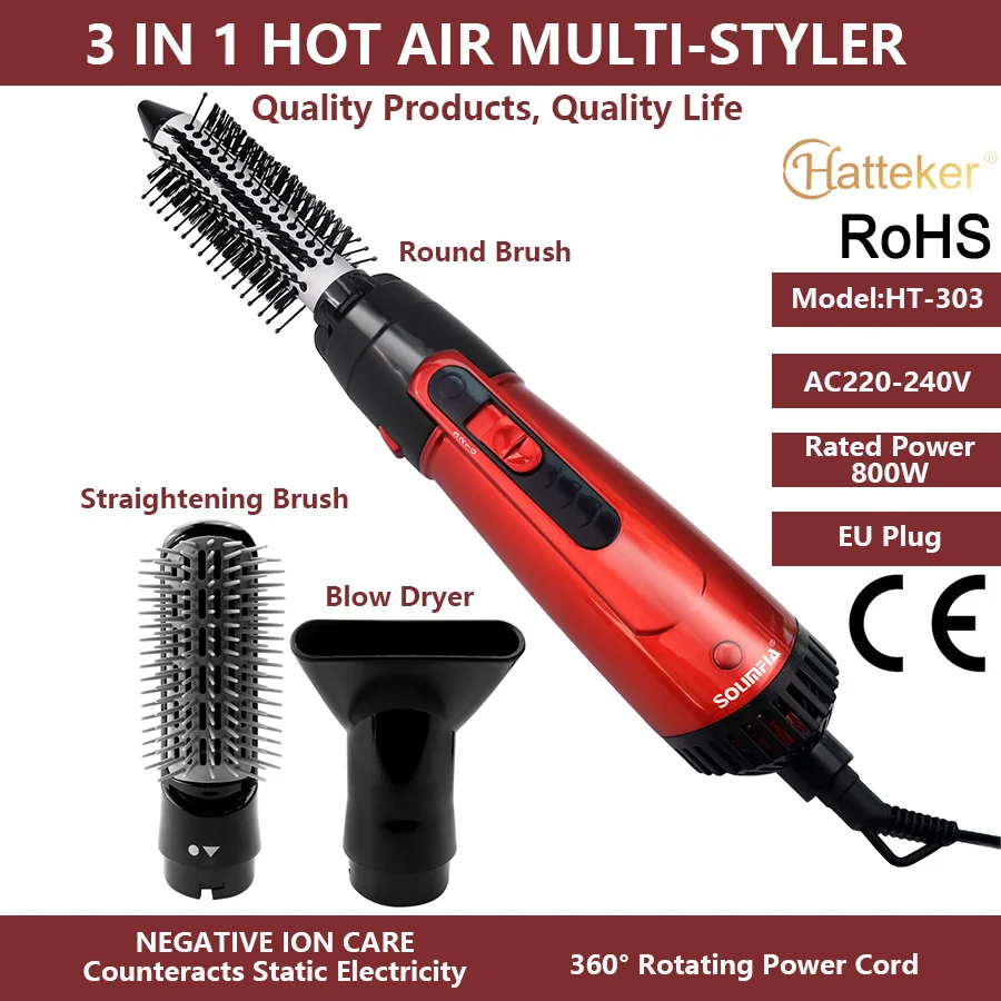 فرشاة مجفف شعر ومكثف 3 في 1، فرشاة هواء ساخن بالأيونات السالبة مع 3 إعدادات لدرجة الحرارة للتجفيف وتمليسه وتجعيده