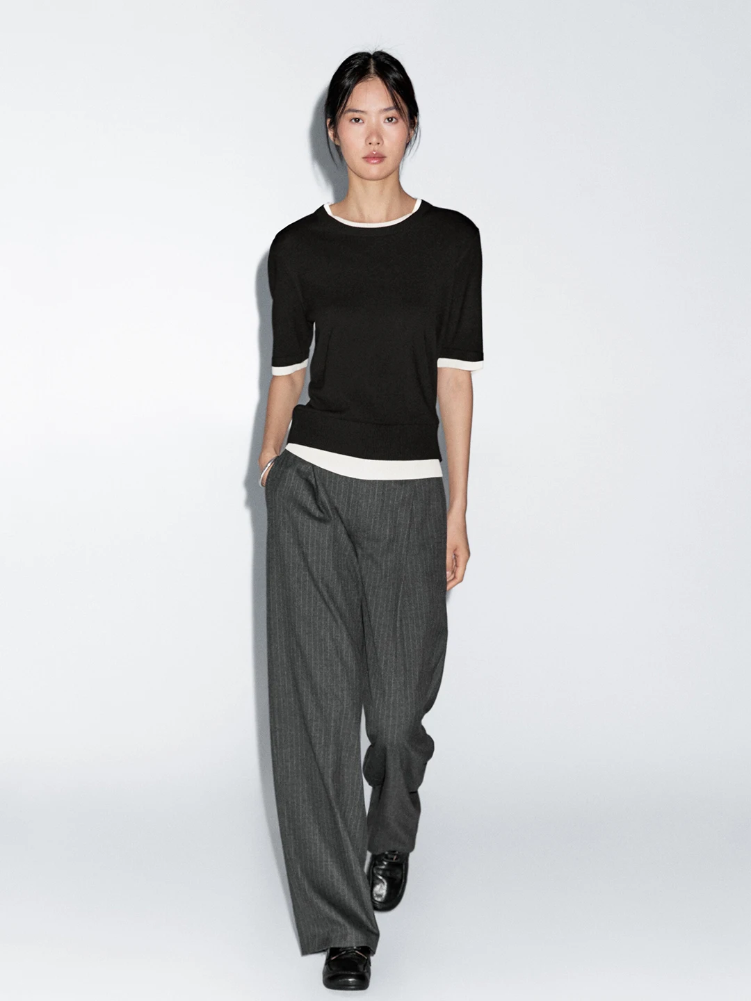 MD feminino malha ort Sve camiseta redonda Ne Splice Color leve commute Sle Top para a temporada de outono