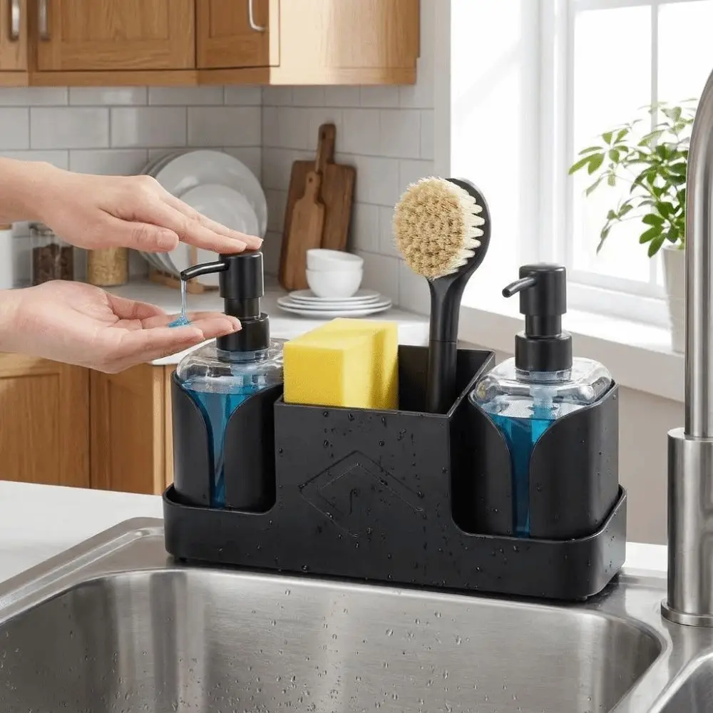 

Refillable Kitchen Soap Dispenser Sponge Holder Plastic Dish Soap Dispenser Pump Bottle 2 in 1 Set Storage Tray