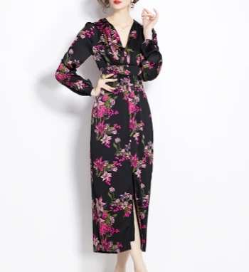 Robe plissée à manches lanterne pour femmes, col en V, imprimé doux, robes trapèze minces, mode sexy, chic et élégante
