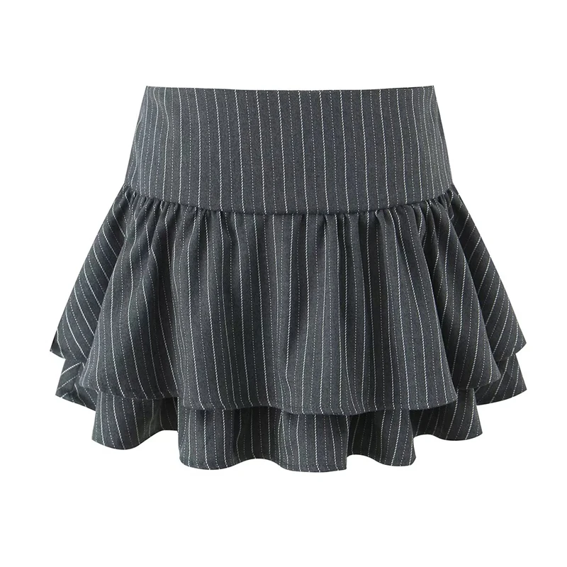 KEYANKETIAN Dark Grey Pinstripe Tiered Skort High Waist Metal Buckle Belt Ruffle Double Layer Built In Shorts College Mini Skirt