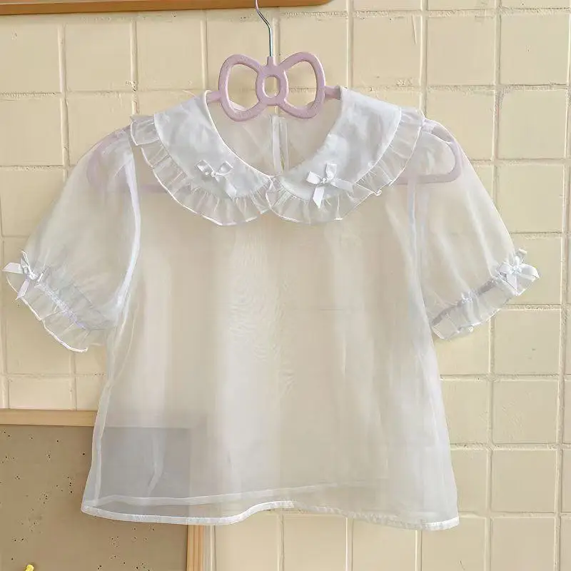 

Cute Japanese Style Bowtie Lolita Skirt Girls Versatile Sweet Short Sleeved Tops Women Halloween Cosplay Match Base Wear Kawaii