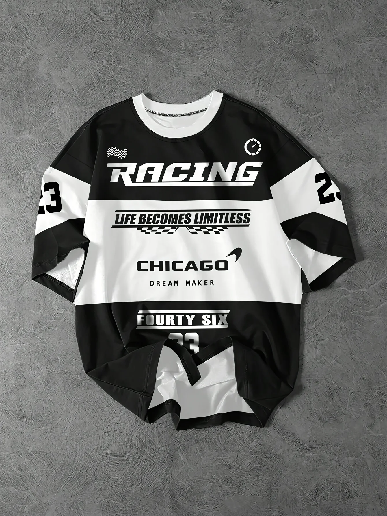 

Men Racing Theme Plaid Flag Pattern Letter Print T Shirt Round Neck Short Sleeved T Shirt Summer Outdoor Fashion Tops Tees
