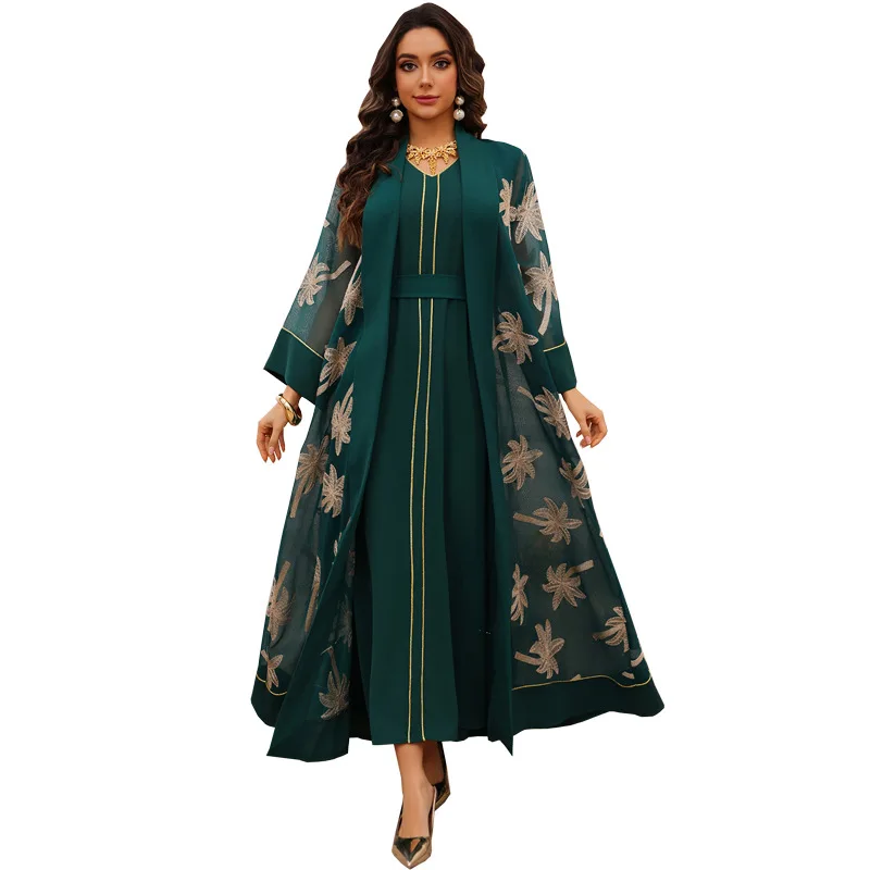 

Embroidered Abaya Fashion Dubai Abaya Two Piece Open Front Abaya Modest Long Sleeve Embroidered Chiffon Robe For Women