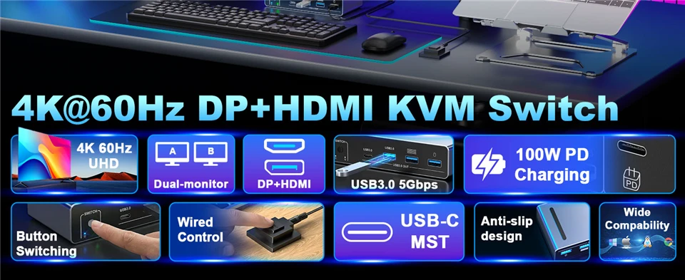 USB C HDMI DP KVM Switch 2K 144Hz Dual Monitors 4K Type C ThunderBolt KVM Switch