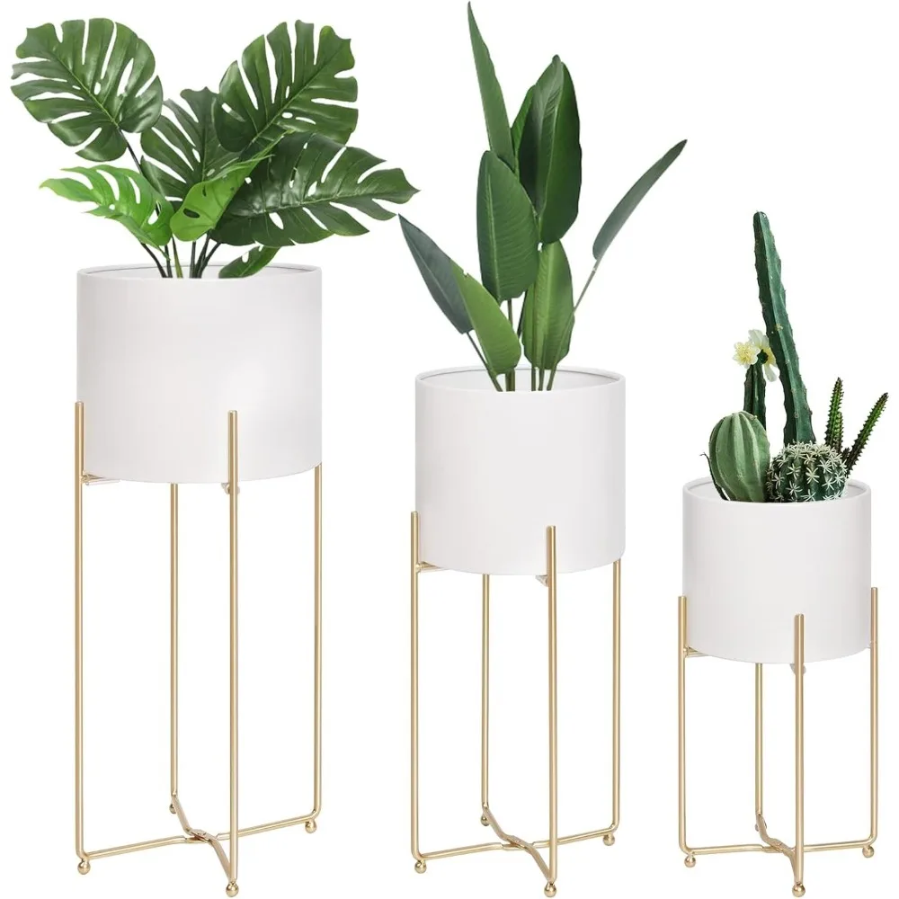 

Floor Standing White Planters with Gold Stands for Indoor Plants, Large Metal Plant Pots Set of 3, Tall Planters for Mid Century