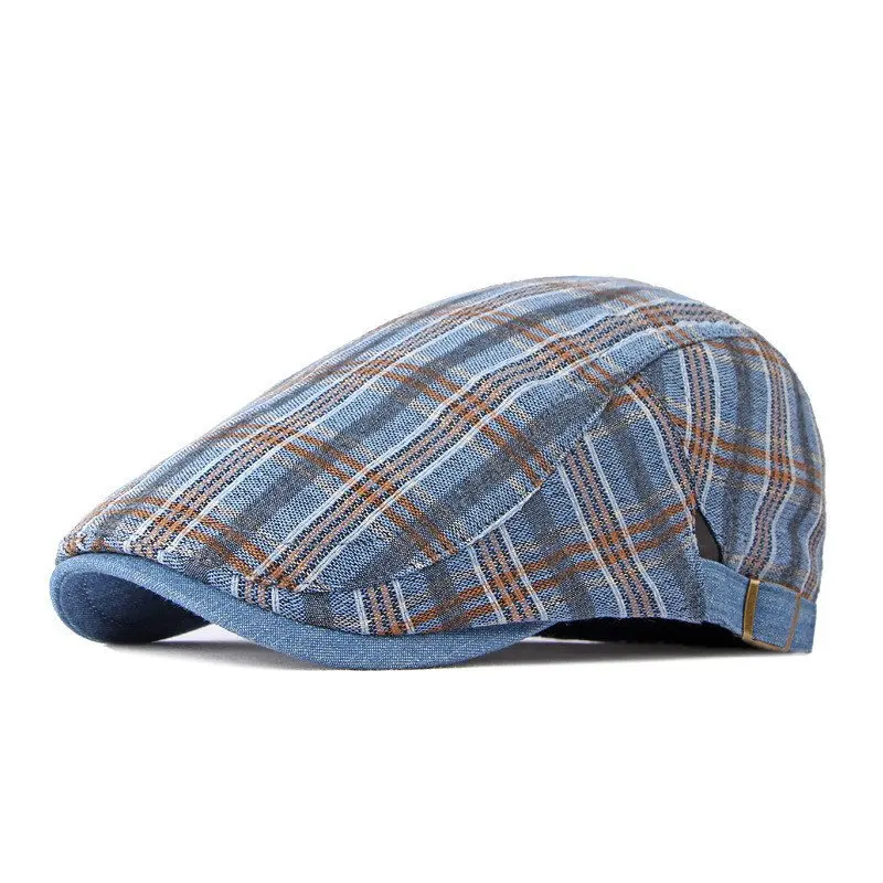 Spring Cotton Plaid Print Newsboy Caps Flat Peaked Cap Men and Women Painter Beret Hats 110