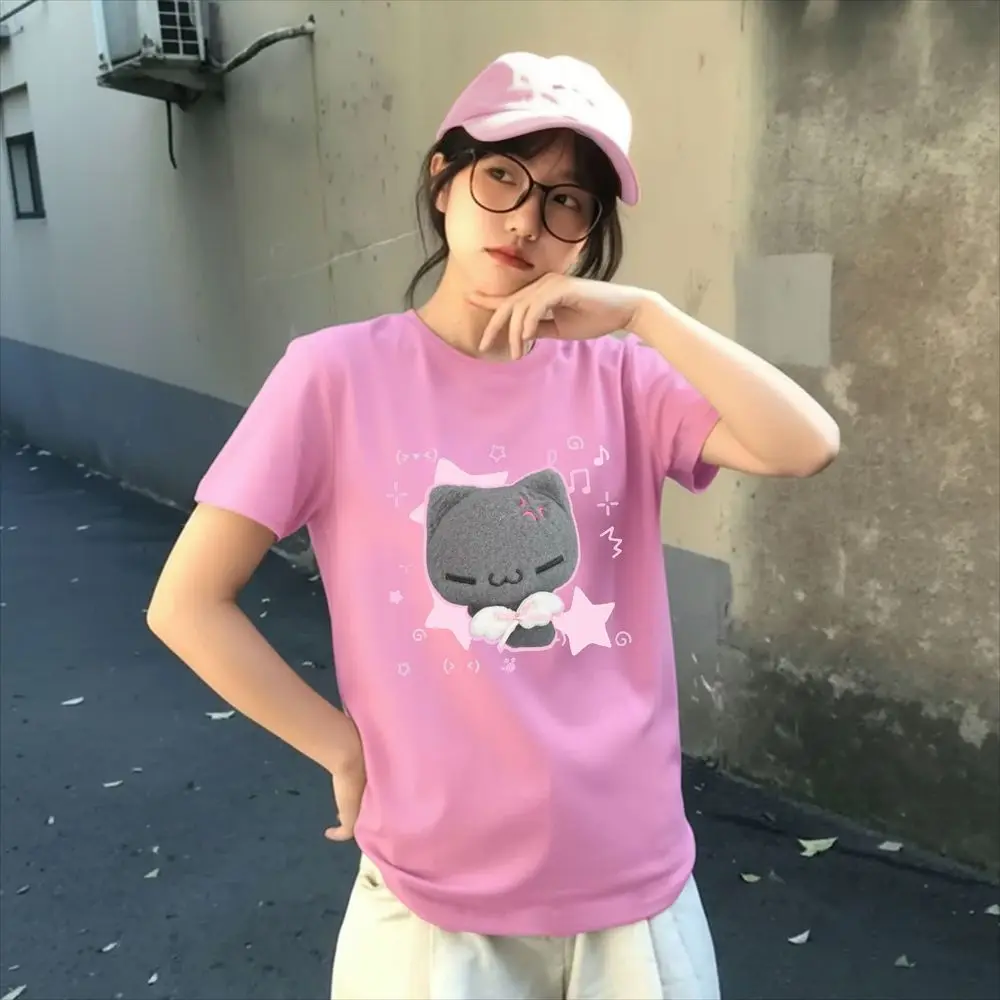 Gray Cat Graphic T-Shirt Women Summer Short Sleeve Pink Stars Bow Tie Y2k Streetwear Kawaii Harajuku Tops Female Casual Clothes