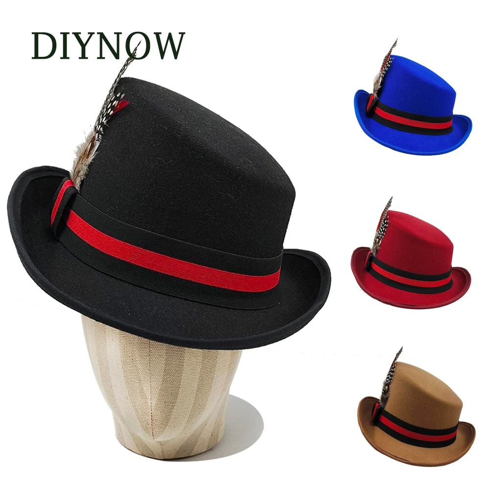 

Новая Волшебная Шляпа высокого качества, Федора, шляпа для мужчин и женщин, джентльменская шляпа с Круглым Верхом, головной убор для косплея, аксессуары для волос с перьями, головной убор