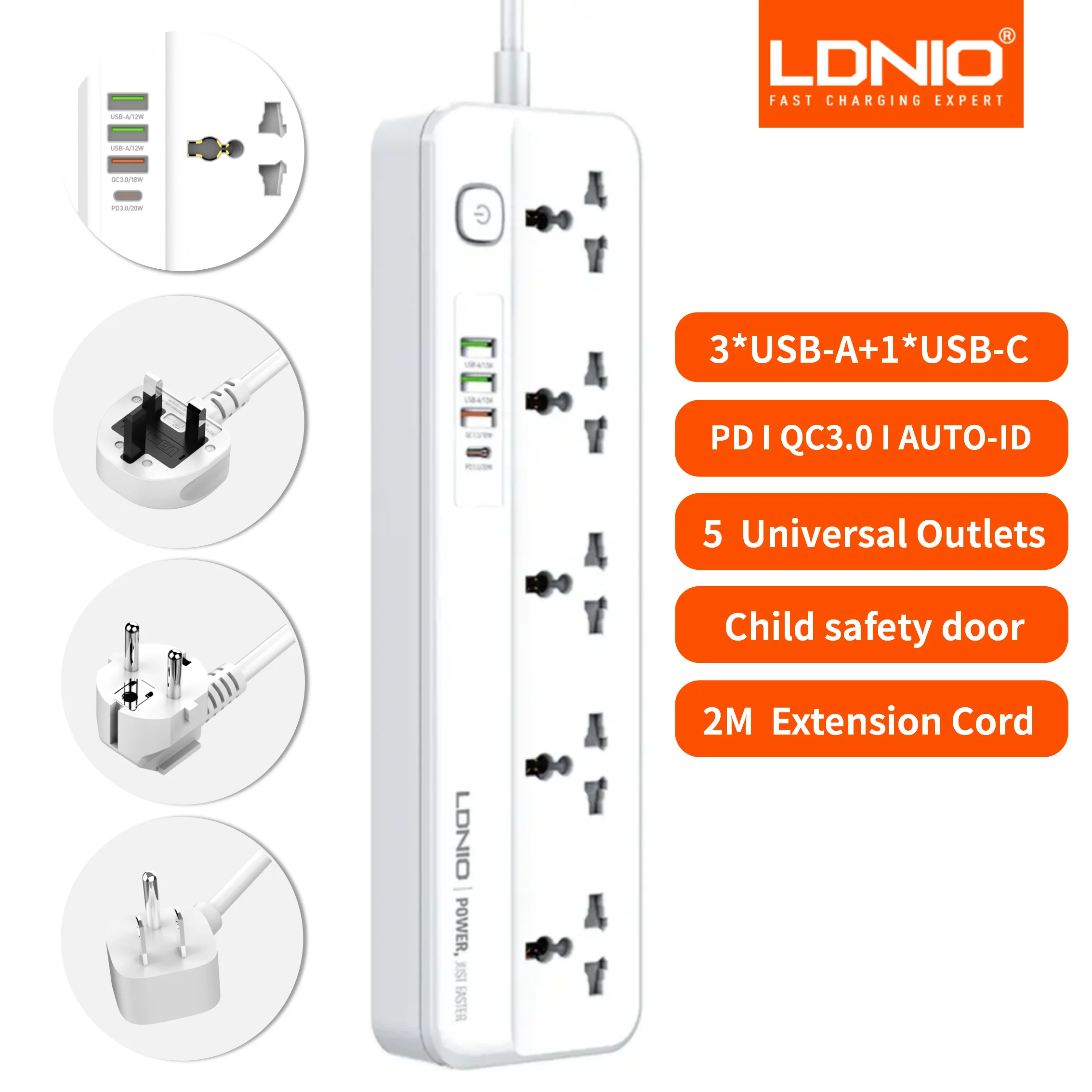 

LDNIO 5 Outlet Power Strips 2M Extension Cord with 20W 4 USB Ports Universal Extension Board Electric Multi Power Socket SC5415