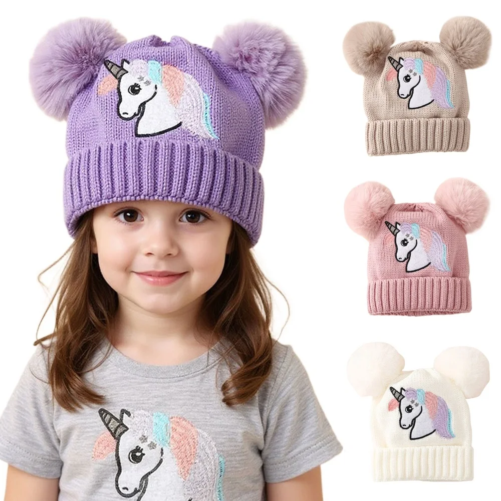 

New Horse Pompom Ball Hat for Kids Warm Winter Baby Hat Cartoon Knitted Hat for Girls Boys Outdoor Newborn Cap Infant Hats