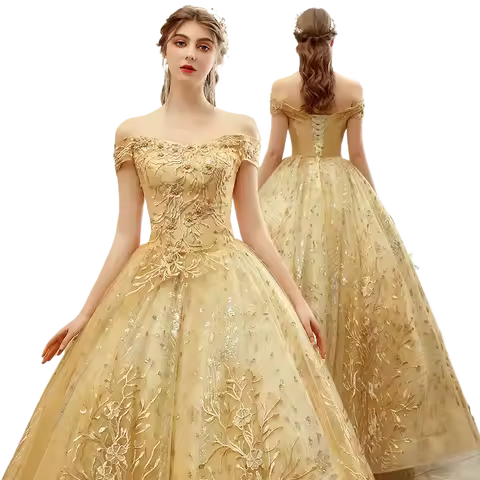 Elegant Gold Quinceanera Dress Off Shoulder Lace Embroidery Sweet 16 Dress Formal Prom Ball Gown Evening Gown 2026 Prom Dress