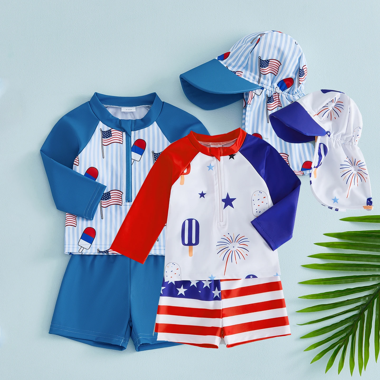Conjunto de traje de baño con protección solar para niños y niñas, diseño del 4 de julio, estampado de paleta de helado con bandera americana, camiseta de manga larga + bañador + sombrero para el sol
