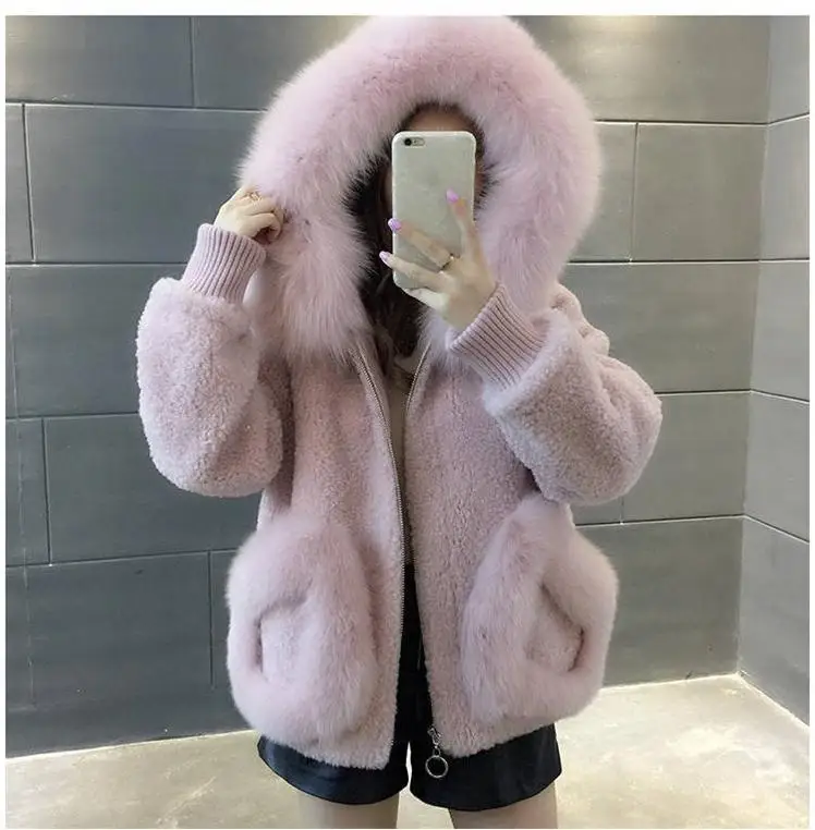 2024 New Imitation Fox Fur Grass Coat Women\'s Winter Hooded Short Coat