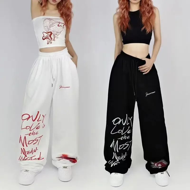 Black White Drawstring Design Sweatpants Hip-hop Wide Leg Pants Women New Summer All-match Long Women High Street Trousers