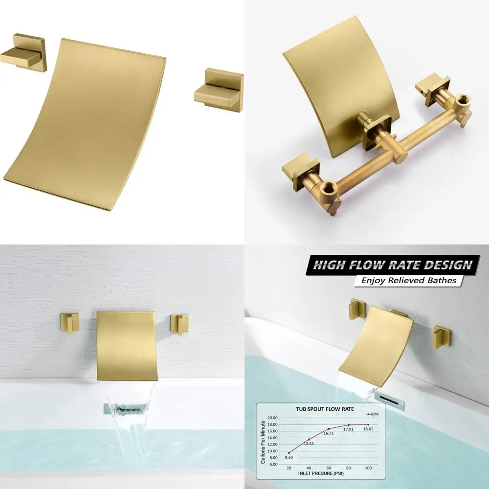 

High Flow Wall Mount Bathtub Faucet with Two Handles - Brushed Gold Finish, Modern High-Efficiency Waterfall Tub Filler