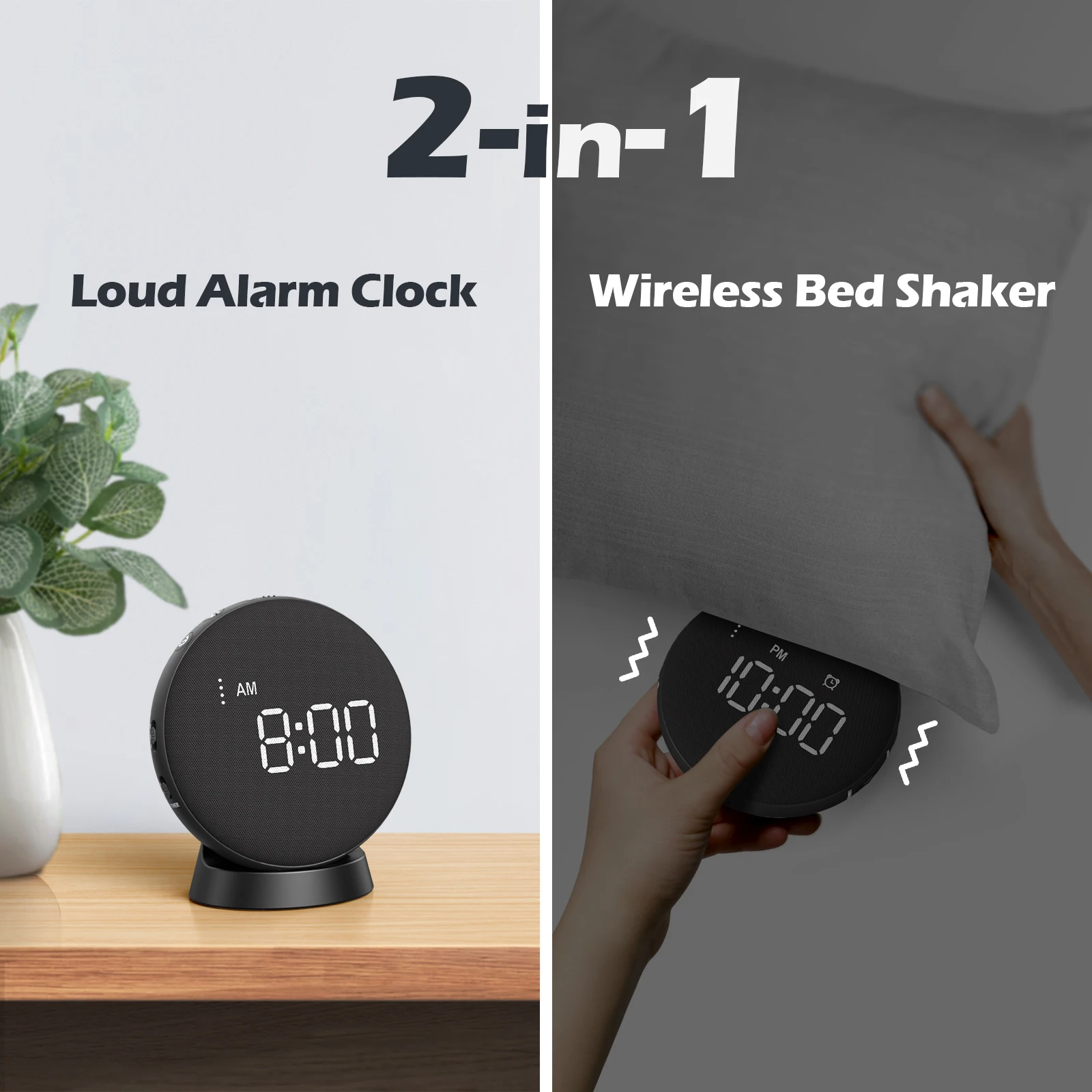 Powerful Vibrating Alarm Clock, Super Loud Under Pillow, Mini Alarm Clock with Bed Shaker, Auto Dimmable Display, Magnetic Charg