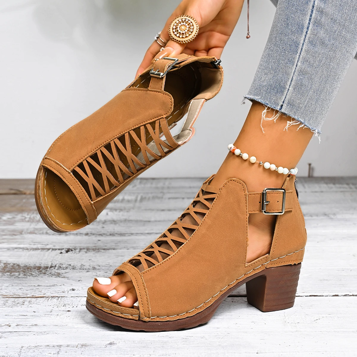 Summer Women Sandals Bundled Wedding Versatile Shoes Thick Heel Chunky High Heels Sandals Open Toe Hollow Cross Shoes Women