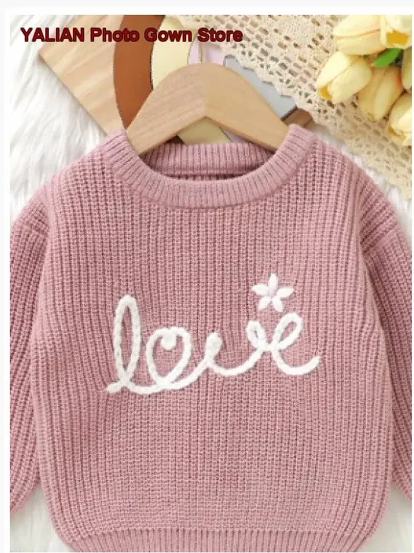 Infant Boys Girls Pullover Sweater Kids Spring Autumn Pure Cotton Round Neck Love Embroidered Solid Color