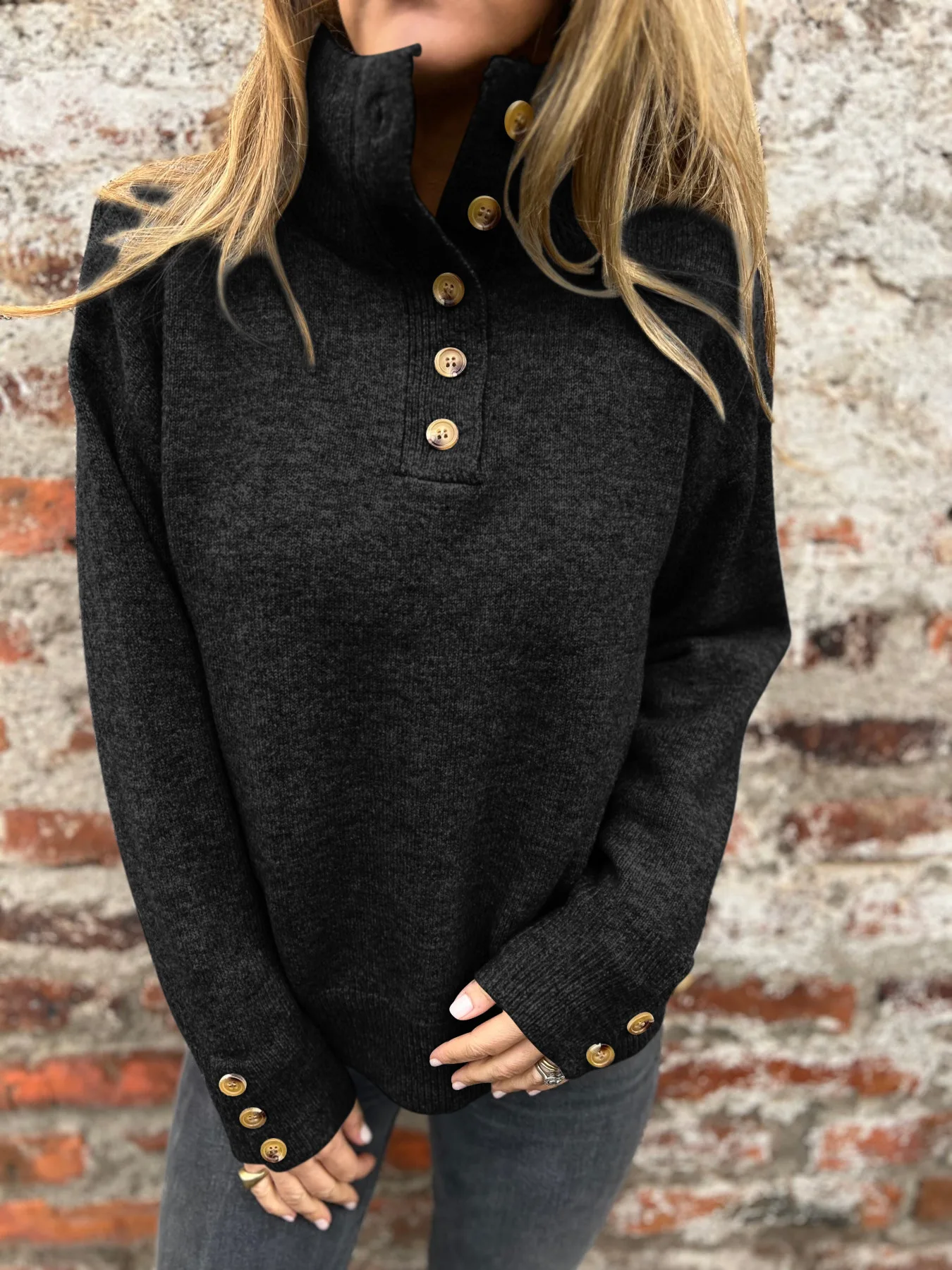 2026 Autumn and Winter New Stand-up Neck Knitted Sweater Solid Color Button Casual Loose Sweater Women 6