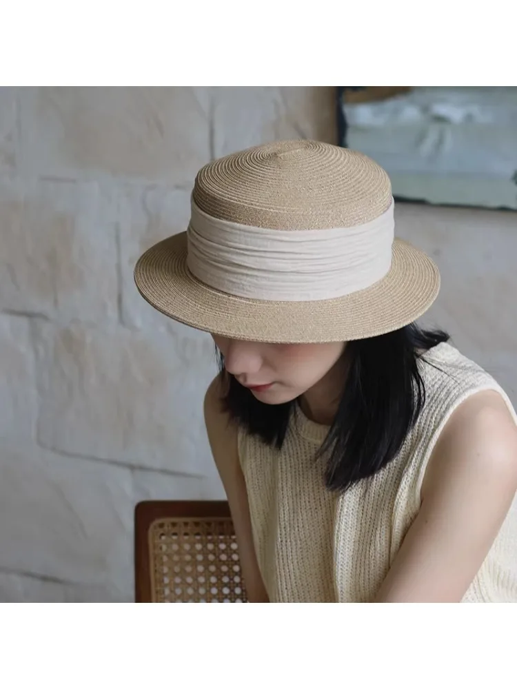 Native Paper Straw Sun Protection Hat Women's Light Flat Top Outdoor Travel Sunshade Small Gift Hat Breathable Adjustable Band