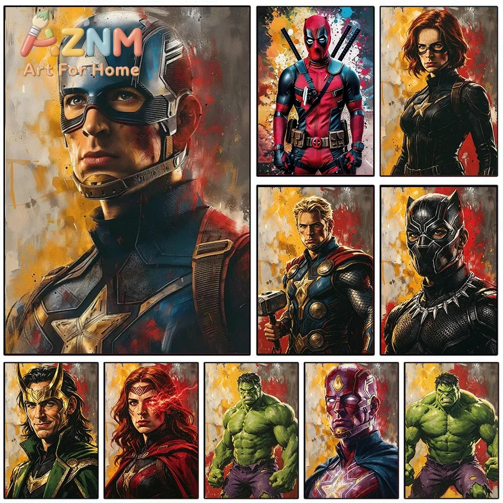 Oil Painting Texture Marvel Superhero Captain America Deadpool Loki Scarlet Witch Canvas Wall Art Unframed Single Canvas Print