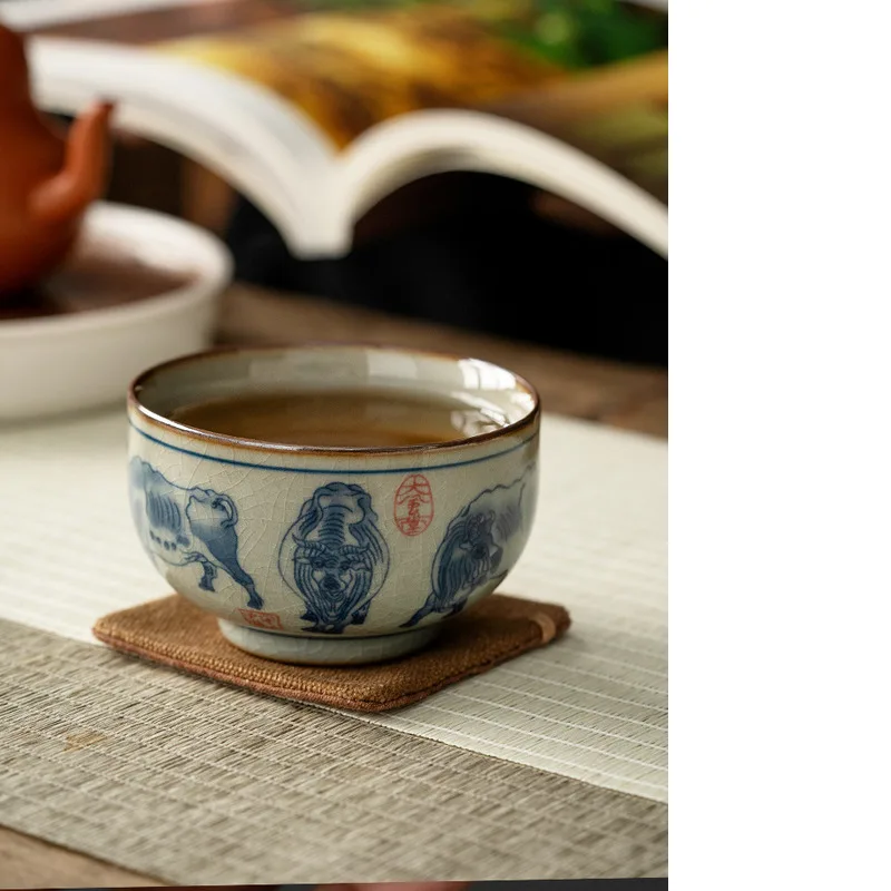 Dehua Old Pottery Clay Chai Kiln Five Cow Map Master Cup Single Cup Imitation Ancient Tea Cup High-end Handmade Tea Set