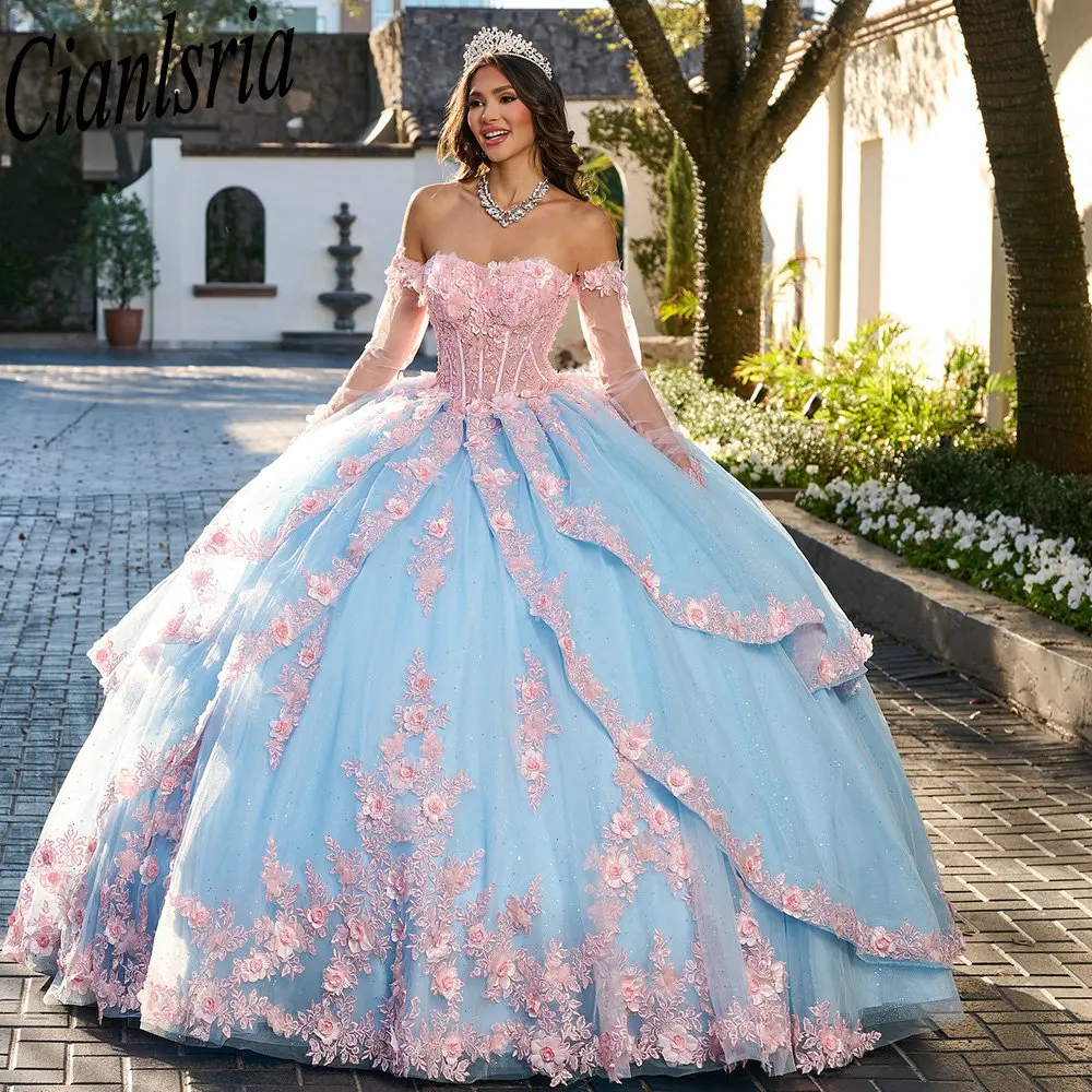 

Romantic Detachable Sleeve Ruffles Bow Ball Gown Quinceanera Dresses 3D Flowers Appliques Lace Corset Vestidos De XV Anos