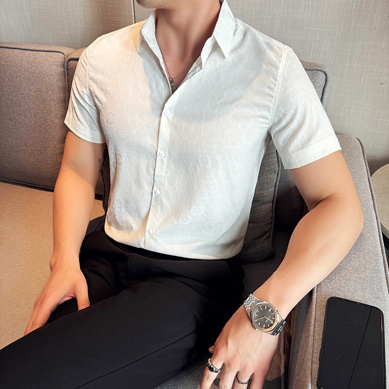 Summer Short Sleeve Shirts Men Clothing 2025 Korean Fashion Print Slim Fit Men's Social Shirt Dress Business Casual Blouse Homme
