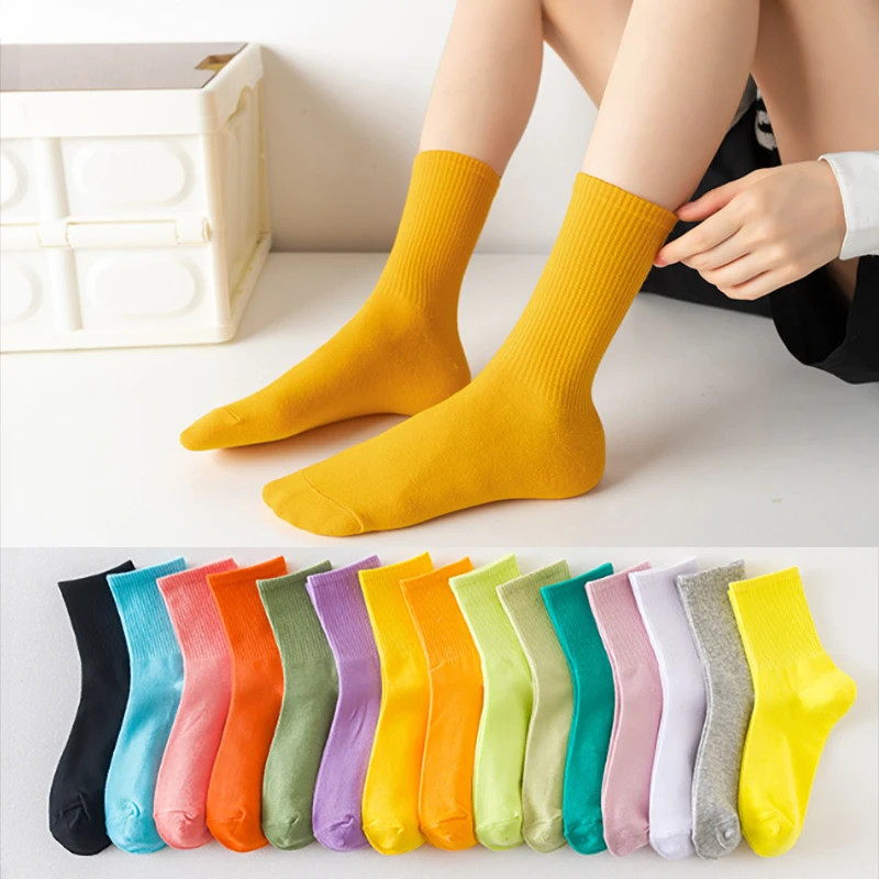 

Women Cotton Socks Solid 20 Colors Soft Casual Female Spring Autumn Stripe Loose Socks Knitting Chaussette Femme Calcetines