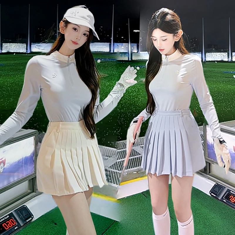 PL Golf Women Zipper Collar Shirt Quick-dry Long Sleeve Top Elastic Breathable T-Shirts Ladies Pleated Skirt Sports Golf Skorts