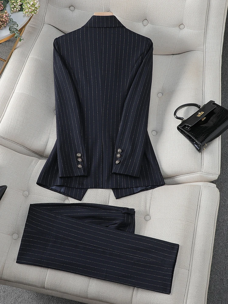 Blue Black Striped Ladies Formal Pant Suit Set Women Female Business Work Wear Long Sleeve 2 Piece Blazer Jacket And Trouser