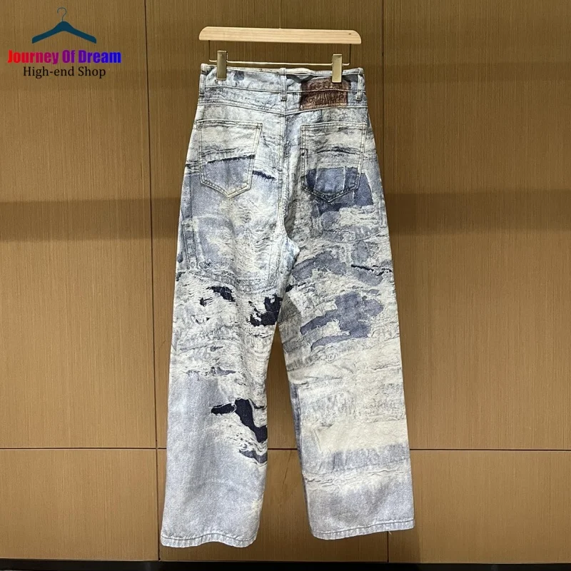 New Mens Womens Luxury 3D Print Chain Charms Straight Ragged Light Blue Vintage Printed Jeans Straight Trousers