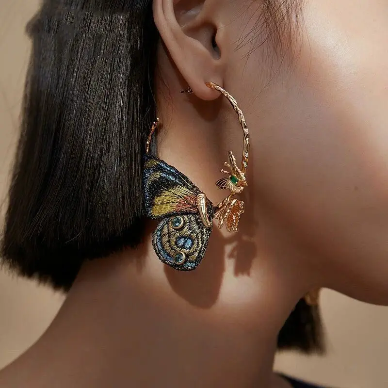 Embroidered Butterfly Hoop Earrings, Sterling Silver Post, Unique Floral Statement Dangle, Summer Designer Drop Earrings Gift