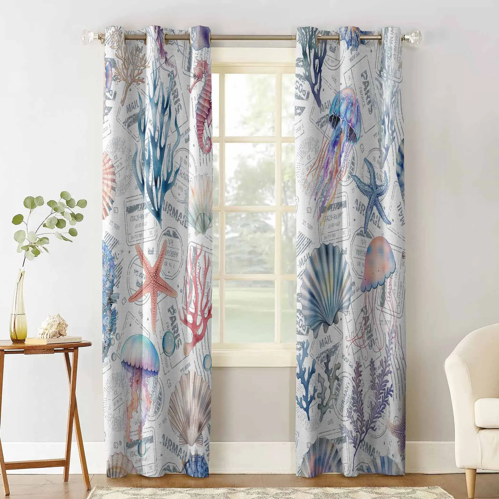 Marine Jellyfish Starfish Seahorses Shells Window Curtains for Living Room Kitchen Curtain Bedroom Decorative Window Treatments