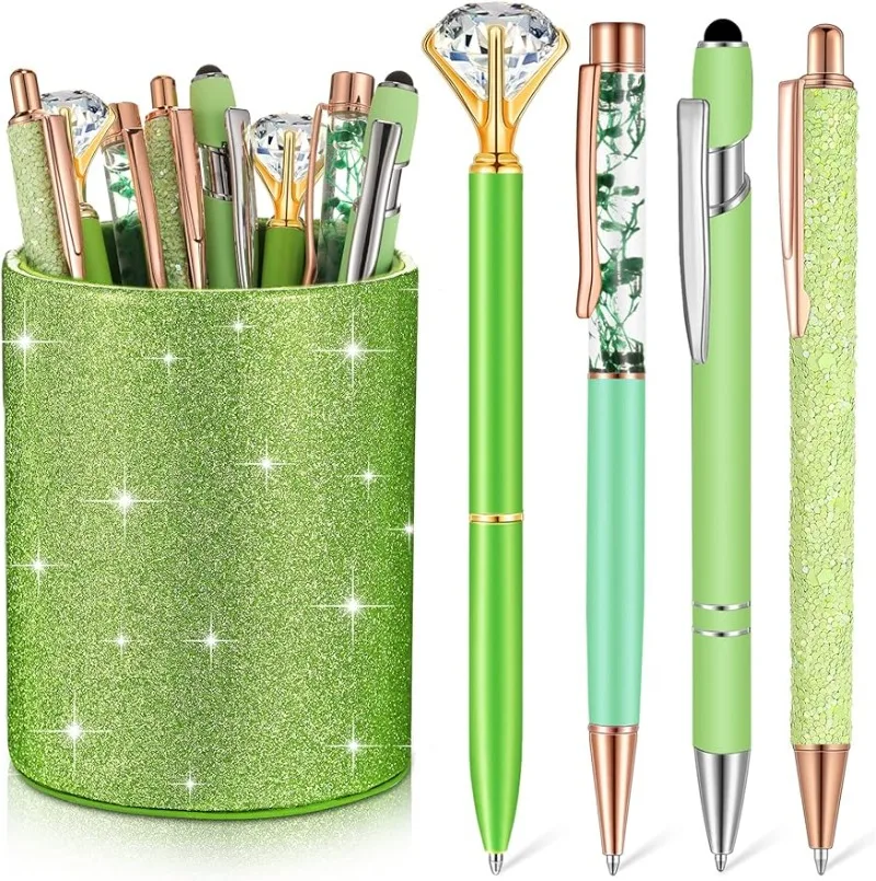 8pcs Ballpoint Pens with Pen Holder for Desk Metal Crystal Pen Glitter Pencil Holder Fancy Pens Black Ink Bling Desk Organizer