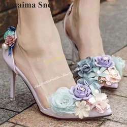 Elegant Mixed Splicing Flower Decoration Pumps Thin High Heel Women Shoes Slip On Pointed Toe 2024 Fashion Zapatos Para Mujere