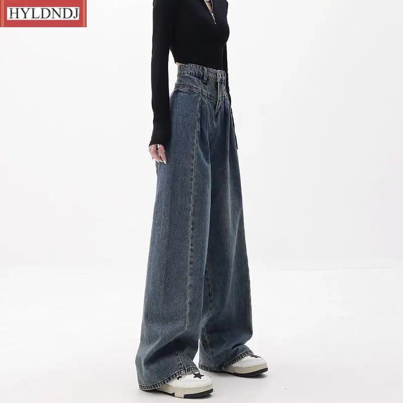 Retro yıkanmış yüksek bel gevşek geniş bacak mavi Denim pantolon yeni moda rahat ince pantolon pantolon pantolon kot pantolon Womens küçültmek