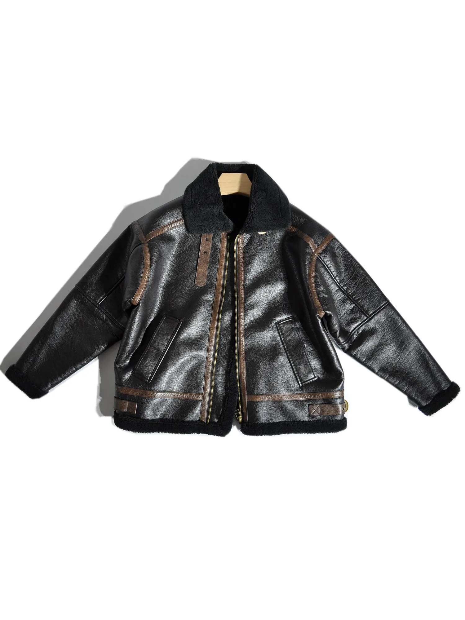 

American Retro Maillard Velvet Short PU Leather Jacket Imitation Lamb Fur Fur Integrated Motorcycle Jacket for Men