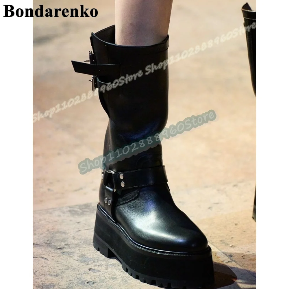 Thick Soled Mid Calf Black Buckle Strap Boots Flats Leather Shoes For Women Slip On Round Toe 2026 Fashion Zapatos Para Mujere