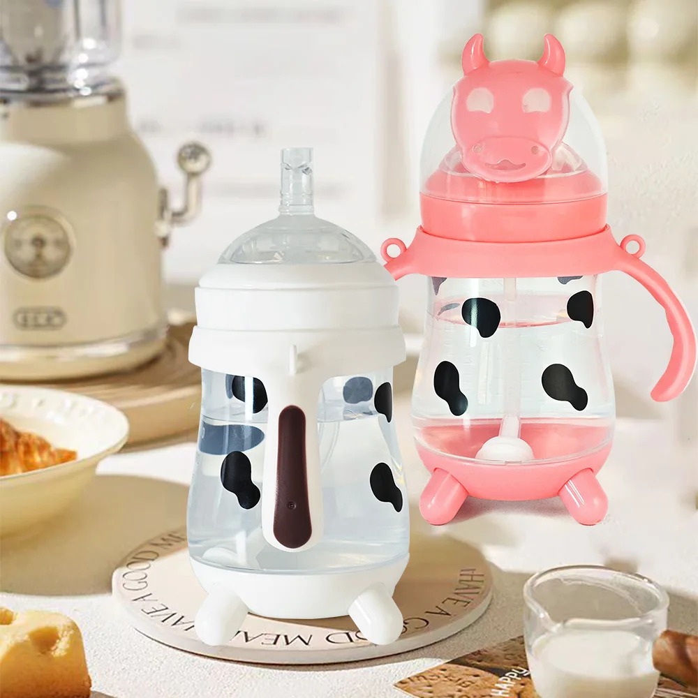 Unique cow shape 270ml large capacity Gravity Ball Straw Bottle, Straw Mug Drop-proof and leak-proof Silicone Straw