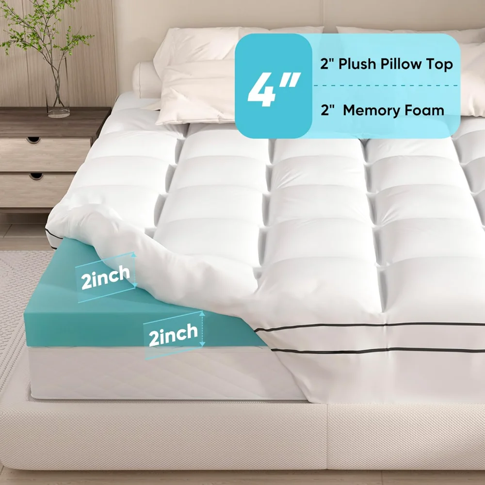 Memory Foam Mattress Topper Queen Size, Dual Layer 4 Mattress Pad,2 Inch Gel Memory Foam Plus 2  Pillow Top Cover