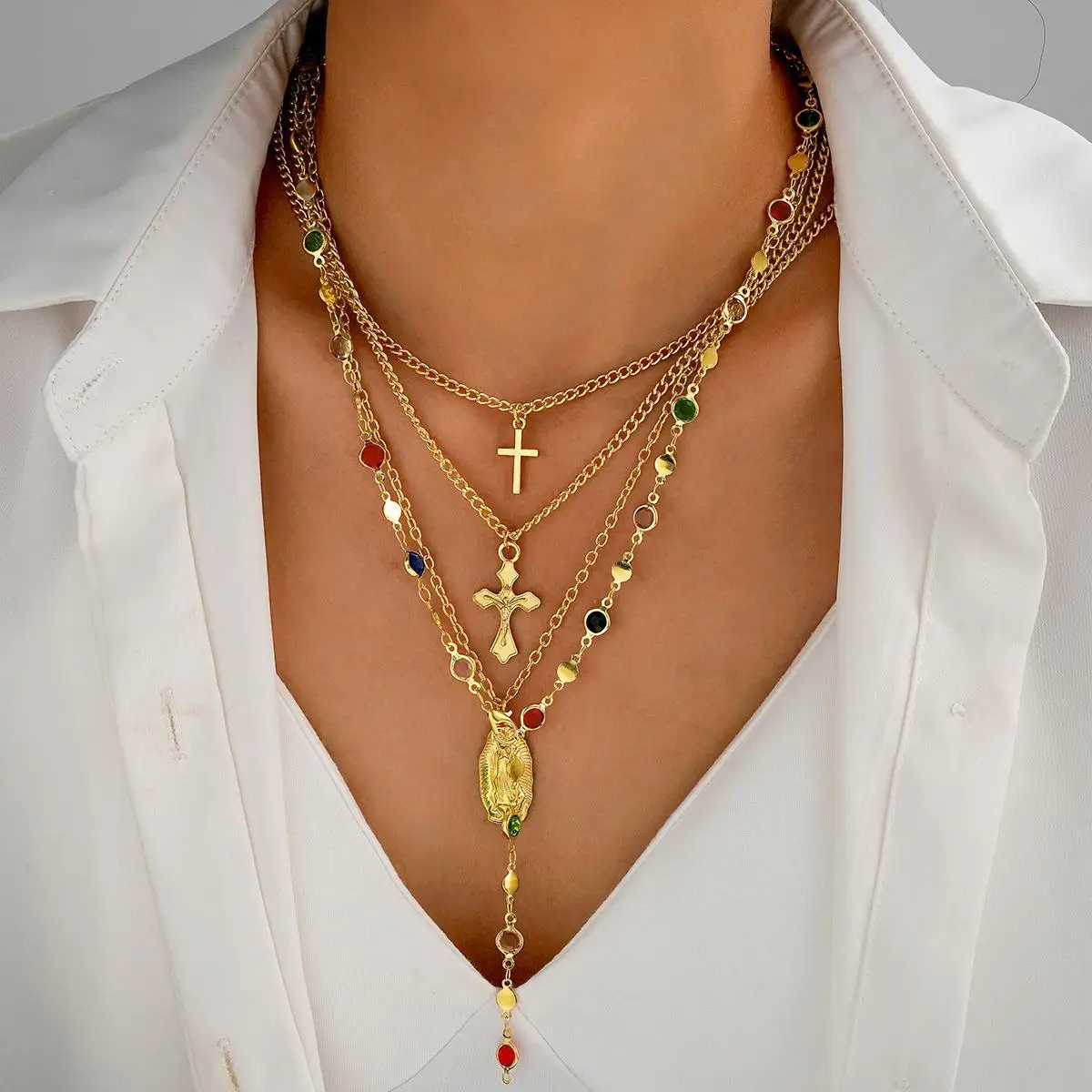 4Pcs Cross Colorful Crystal Necklaces Set For Women Simple Gold Color Y-Shaped Chain Necklace Female Fashion Party Jewelry