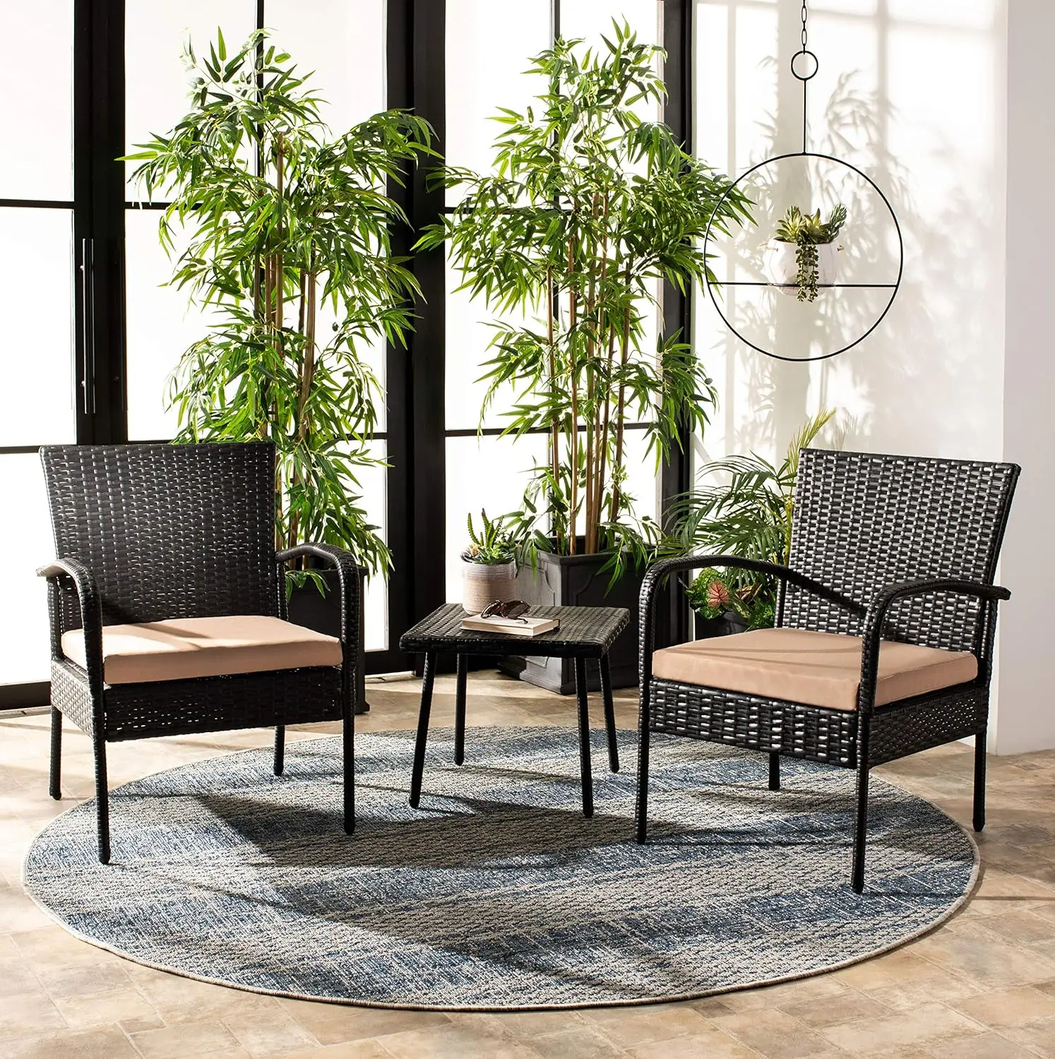 Outdoor Collection Moore Rattan/Beige Cushion 3-Piece Patio Lounge Bistro Set with Table