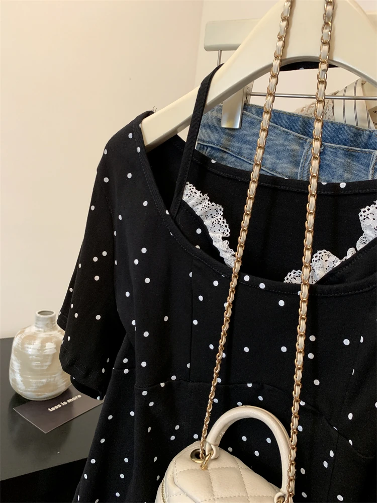 Kaus Desain Renda Dua Potong Palsu Kasual Pola Polka Dot Wanita Halter Lengan Pendek Slimfit Atasan Ukuran Plus Vneck Cocok untuk Semua