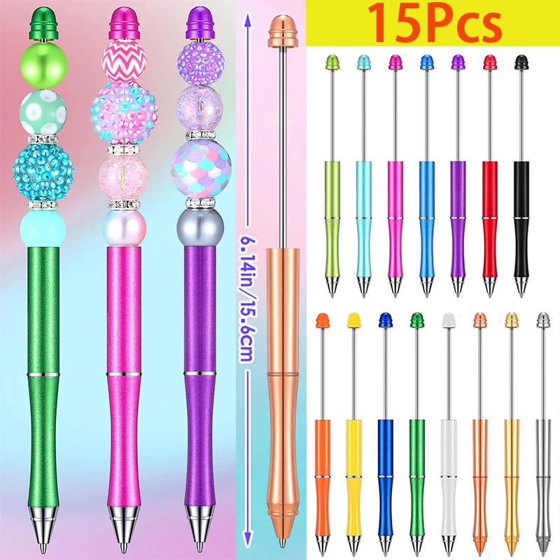 15Pcs Metal Beaded Pen DIY Beaded Ballpoint Pen Black Ink Ballpoint Pen For Kids Student Gift Office Classroom School Supplies