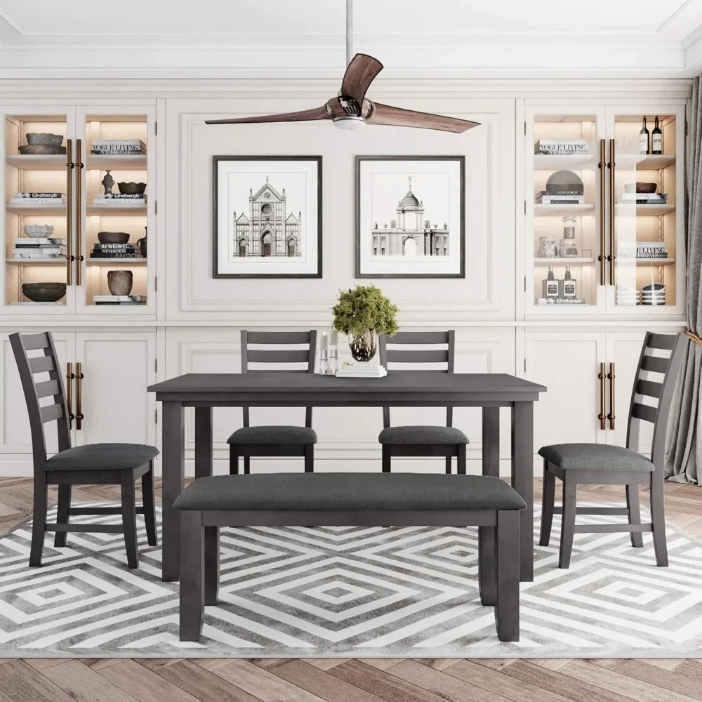 

Harper & Bright Designs 6 Pieces Wooden Dining Table Set, Rectangle Table and 4 Chairs with Bench with Cushion, Kitchen Table Ch