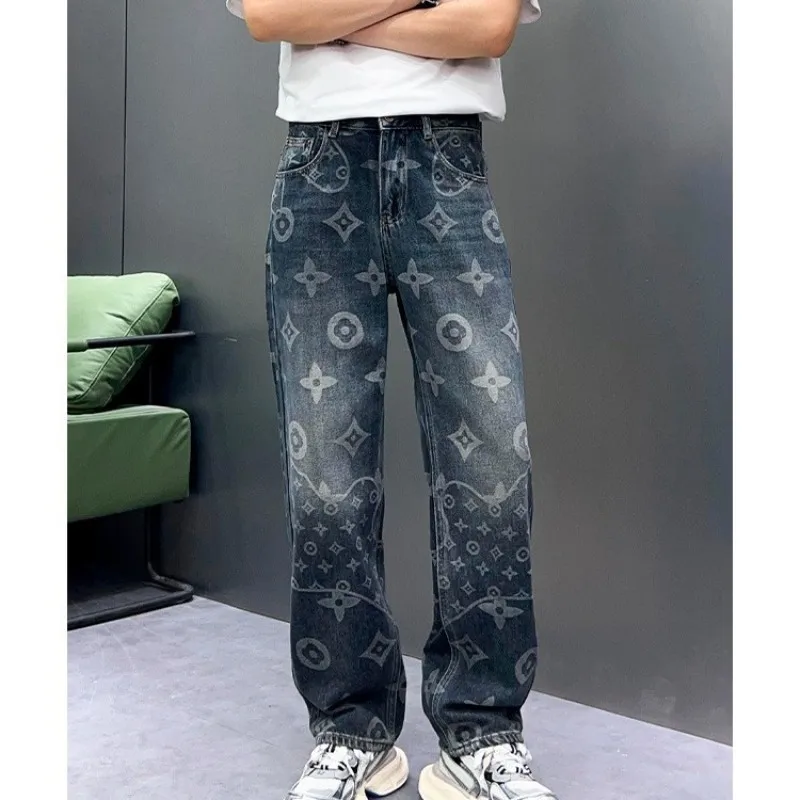 

American high street jeans men's summer bird element jacquard full print straight leg personalized versatile pants