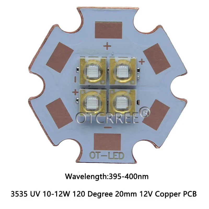 10W-12W Epiled 3535 Ultra Violet UV 365nm 380nm 395nm 420nm 4Chips High Power Led Lamp 3V/7V/14V Light Source 20mm Copper PCB